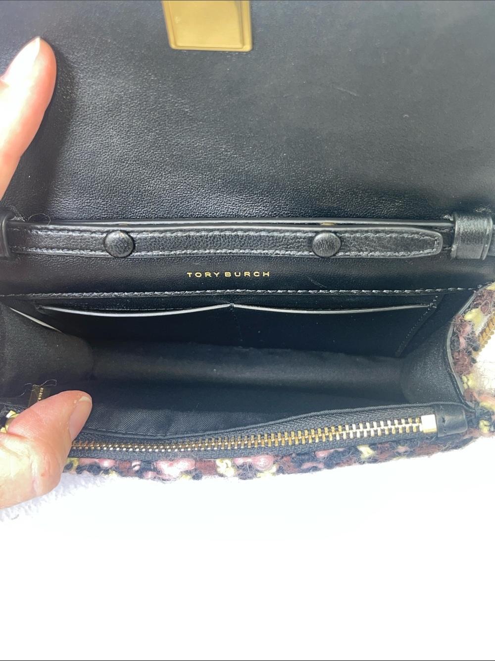 Tory Burch Kira Tweed Mini Flap Chain Shoulder Bag Pink Black Wool Crossbody - Picture 11 of 13